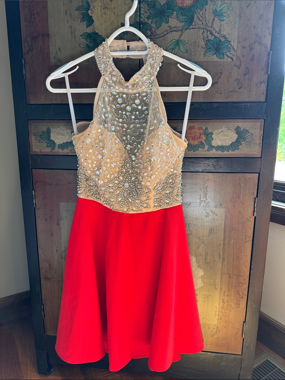 Girl's Red and Nude Sleeveless Embellished Party Dress